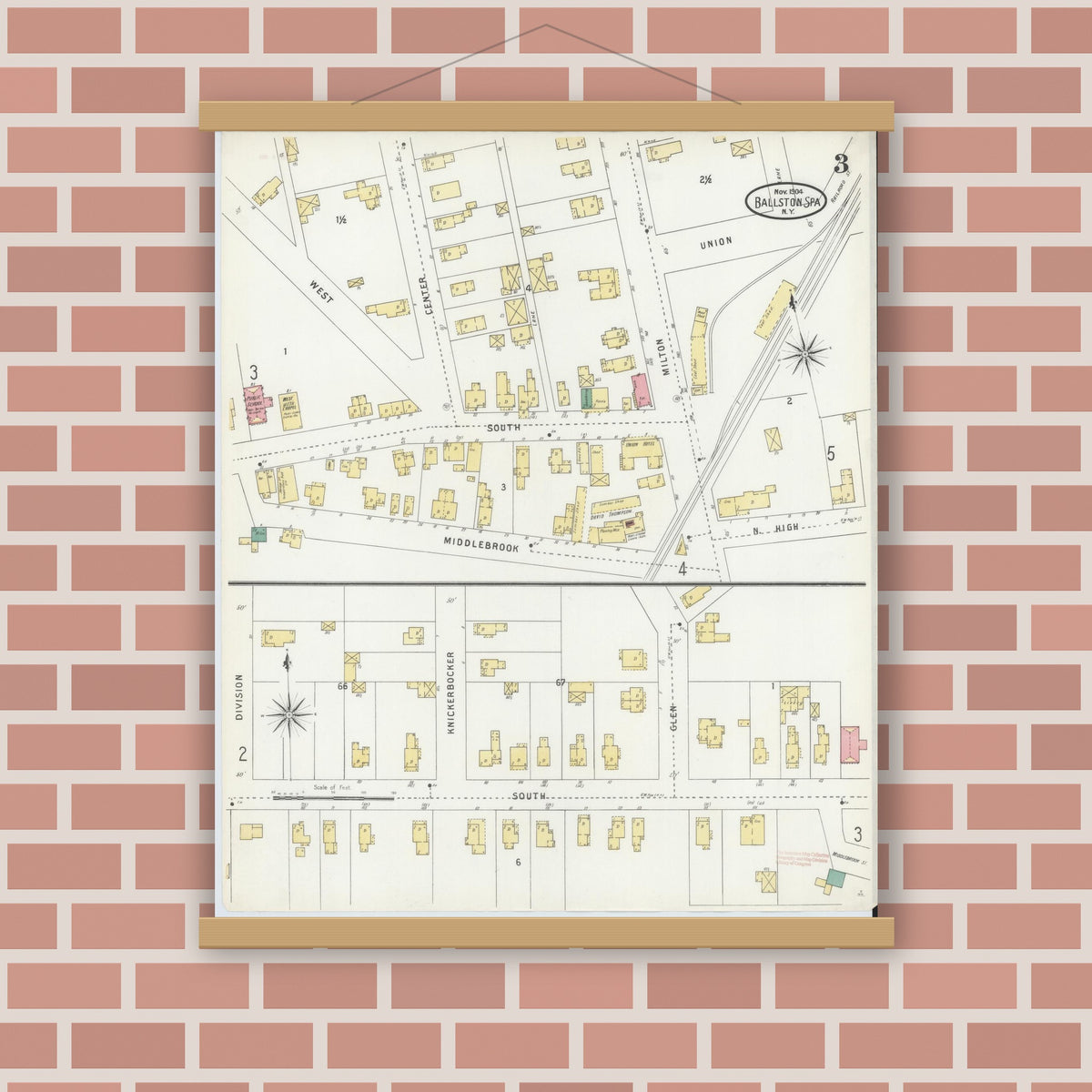 Old map wall art mockup — magnetic wood frame on brick wall — Sanborn Fire Insurance Map from Ballston Spa, Saratoga County, New York (1904), Sheet #0003