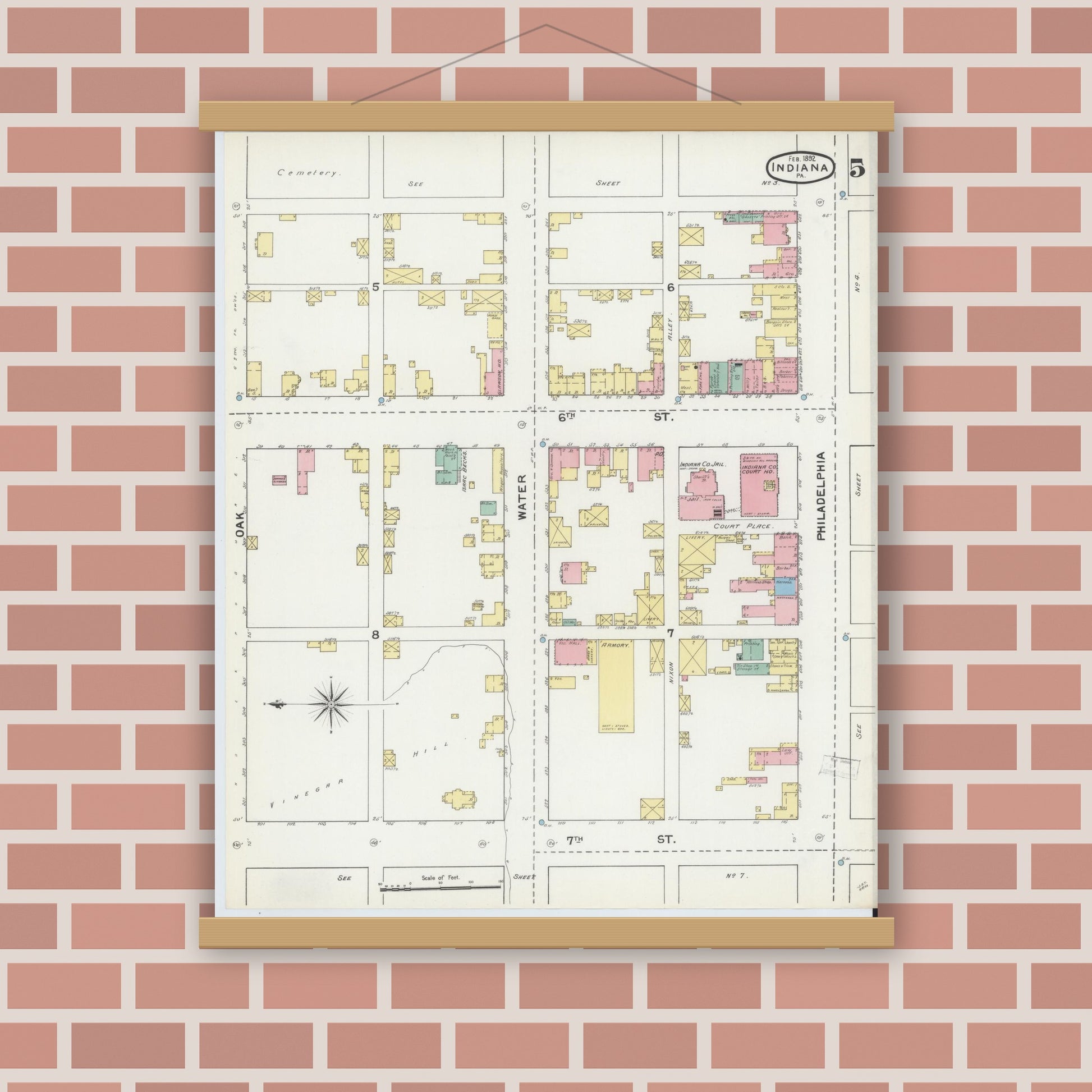 Old map wall art mockup — magnetic wood frame on brick wall — Sanborn Fire Insurance Map from Indiana, Indiana County, Pennsylvania (1892), Sheet #0005