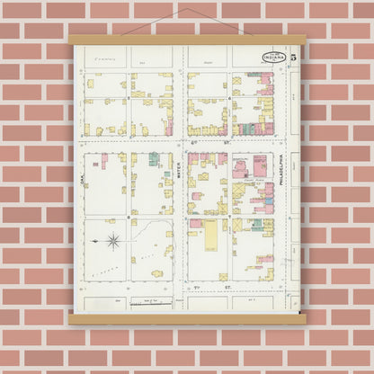 Old map wall art mockup — magnetic wood frame on brick wall — Sanborn Fire Insurance Map from Indiana, Indiana County, Pennsylvania (1892), Sheet #0005