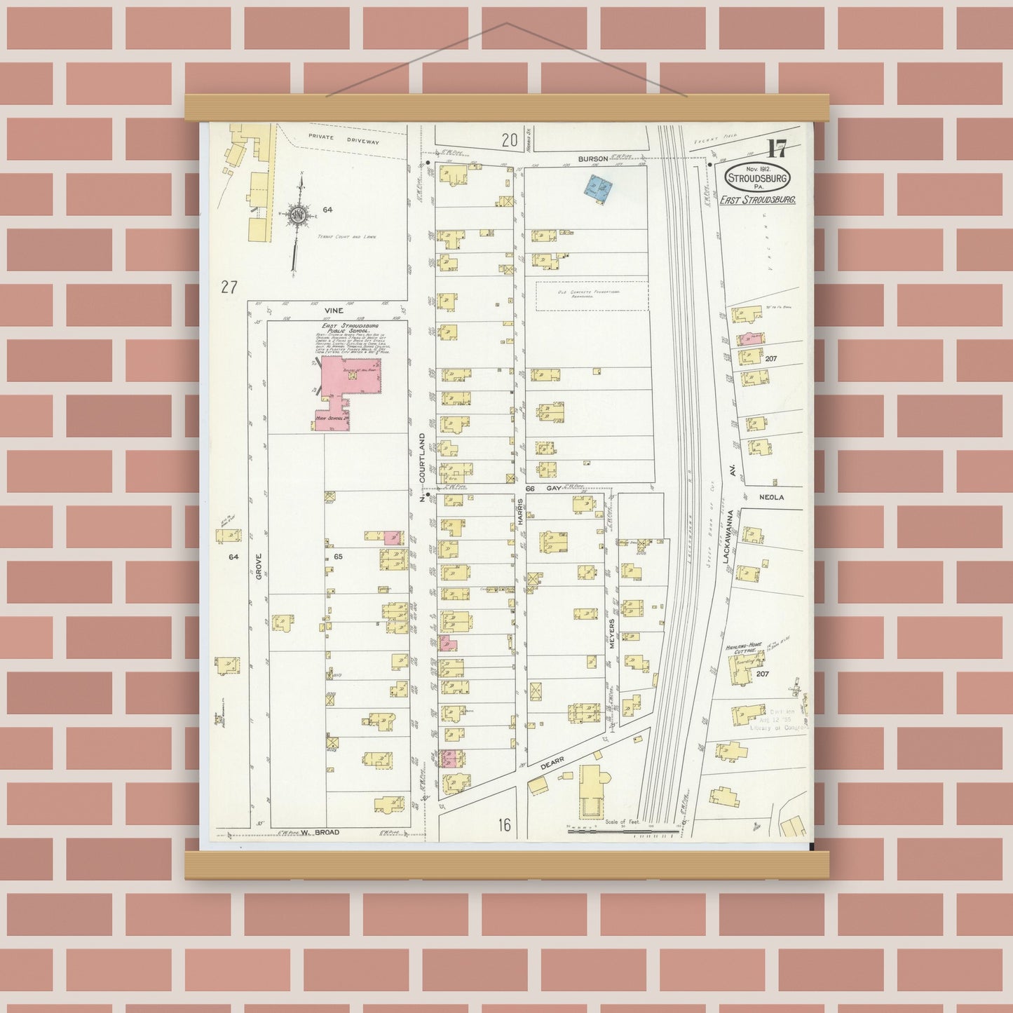 Old map wall art mockup — magnetic wood frame on brick wall — Sanborn Fire Insurance Map from Stroudsburg, Monroe County, Pennsylvania (1912), Sheet #0017