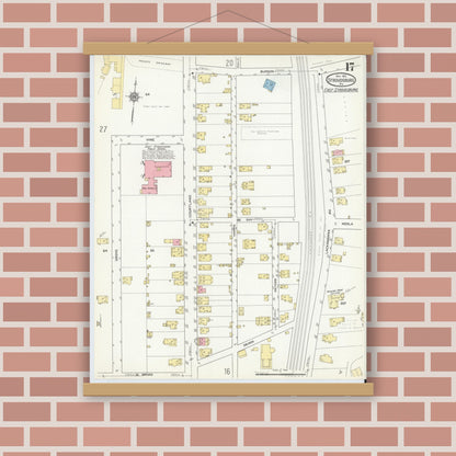 Old map wall art mockup — magnetic wood frame on brick wall — Sanborn Fire Insurance Map from Stroudsburg, Monroe County, Pennsylvania (1912), Sheet #0017