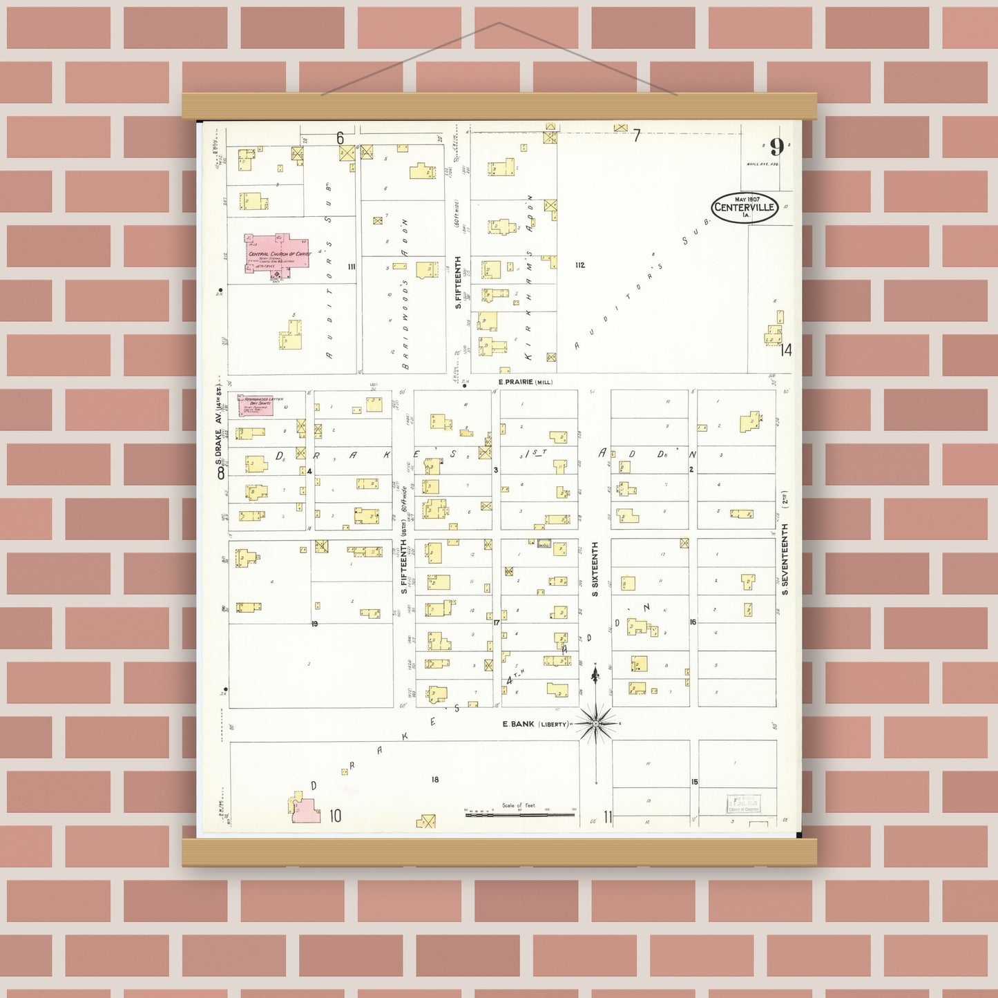 Old map wall art mockup — magnetic wood frame on brick wall — Sanborn Fire Insurance Map from Centerville, Appanoose County, Iowa (1907), Sheet #0009
