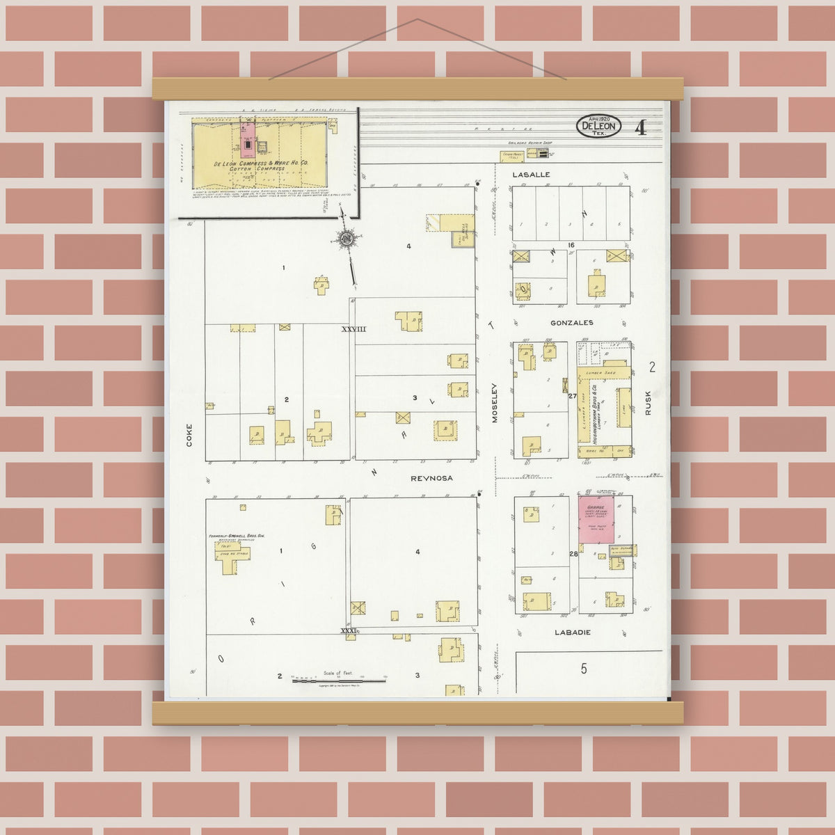 Old map wall art mockup — magnetic wood frame on brick wall — Sanborn Fire Insurance Map from De Leon, Comanche County, Texas (1920), Sheet #0004