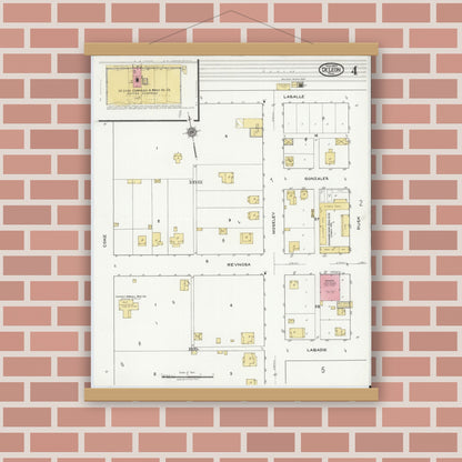 Old map wall art mockup — magnetic wood frame on brick wall — Sanborn Fire Insurance Map from De Leon, Comanche County, Texas (1920), Sheet #0004