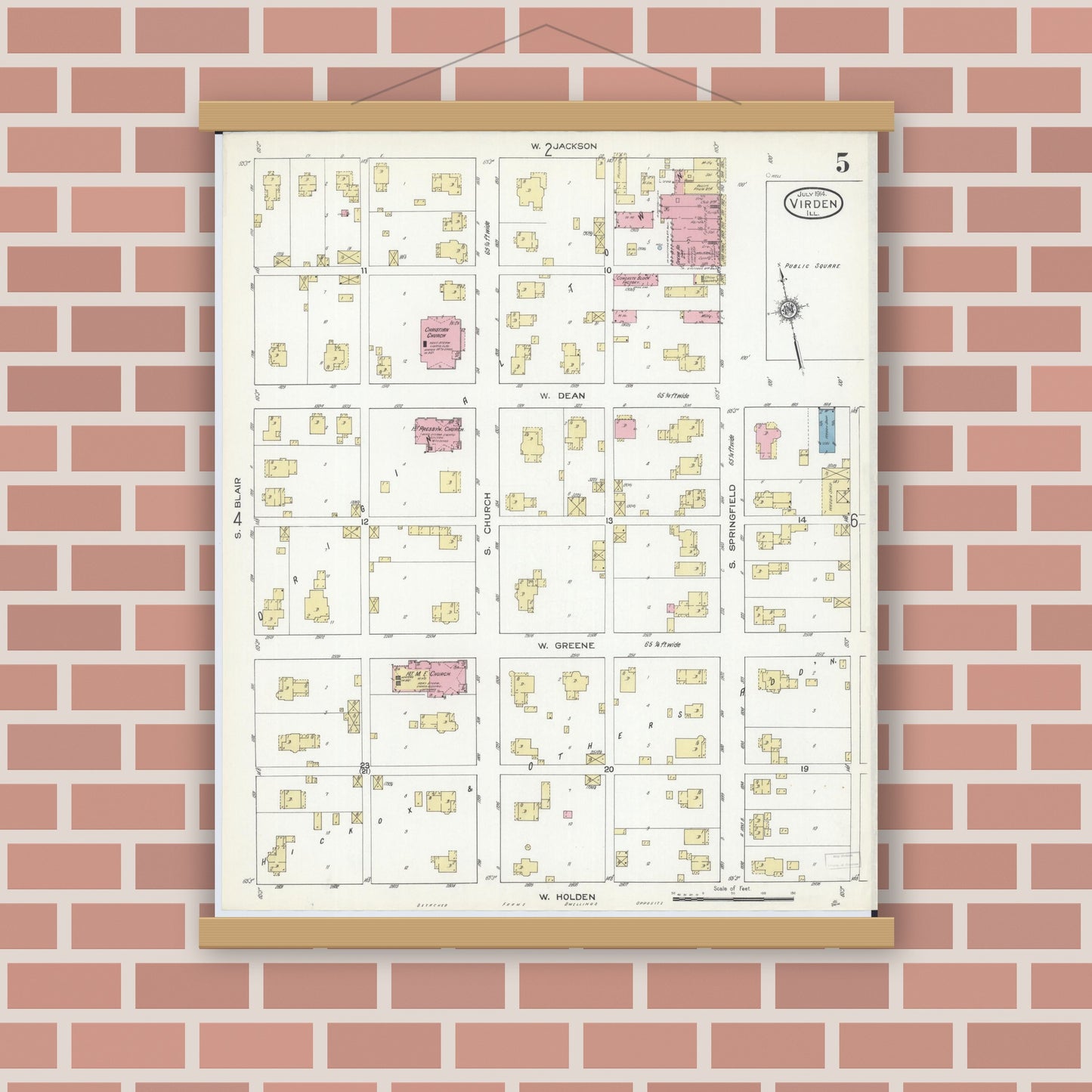 Old map wall art mockup — magnetic wood frame on brick wall — Sanborn Fire Insurance Map from Virden, Macoupin County, Illinois (1914), Sheet #0005