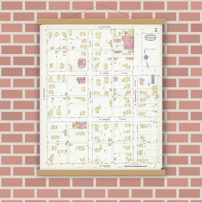 Old map wall art mockup — magnetic wood frame on brick wall — Sanborn Fire Insurance Map from Virden, Macoupin County, Illinois (1914), Sheet #0005