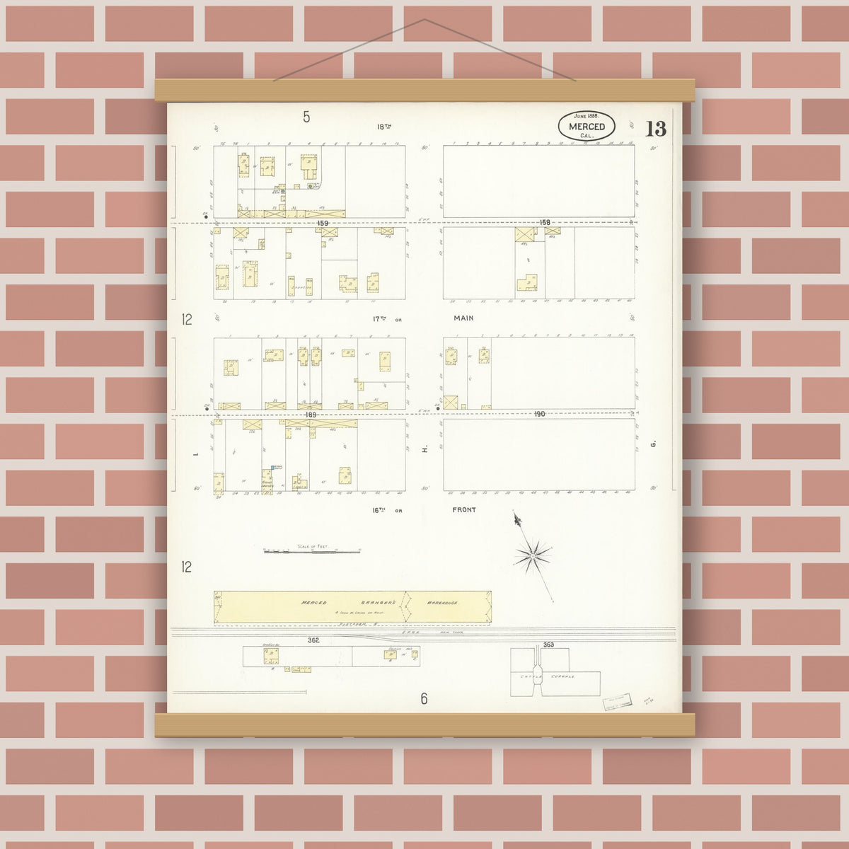 Old map wall art mockup — magnetic wood frame on brick wall — Sanborn Fire Insurance Map from Merced, Merced County, California (1898), Sheet #0013