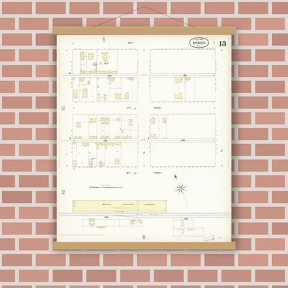 Old map wall art mockup — magnetic wood frame on brick wall — Sanborn Fire Insurance Map from Merced, Merced County, California (1898), Sheet #0013