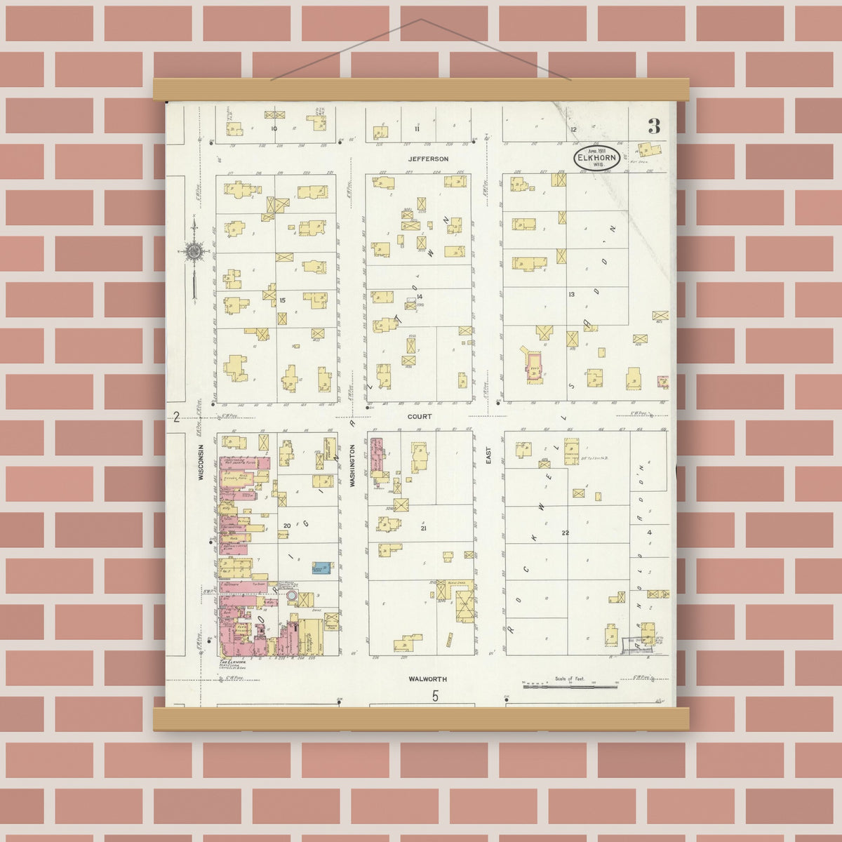 Old map wall art mockup — magnetic wood frame on brick wall — Sanborn Fire Insurance Map from Elkhorn, Walworth County, Wisconsin (1911), Sheet #0003
