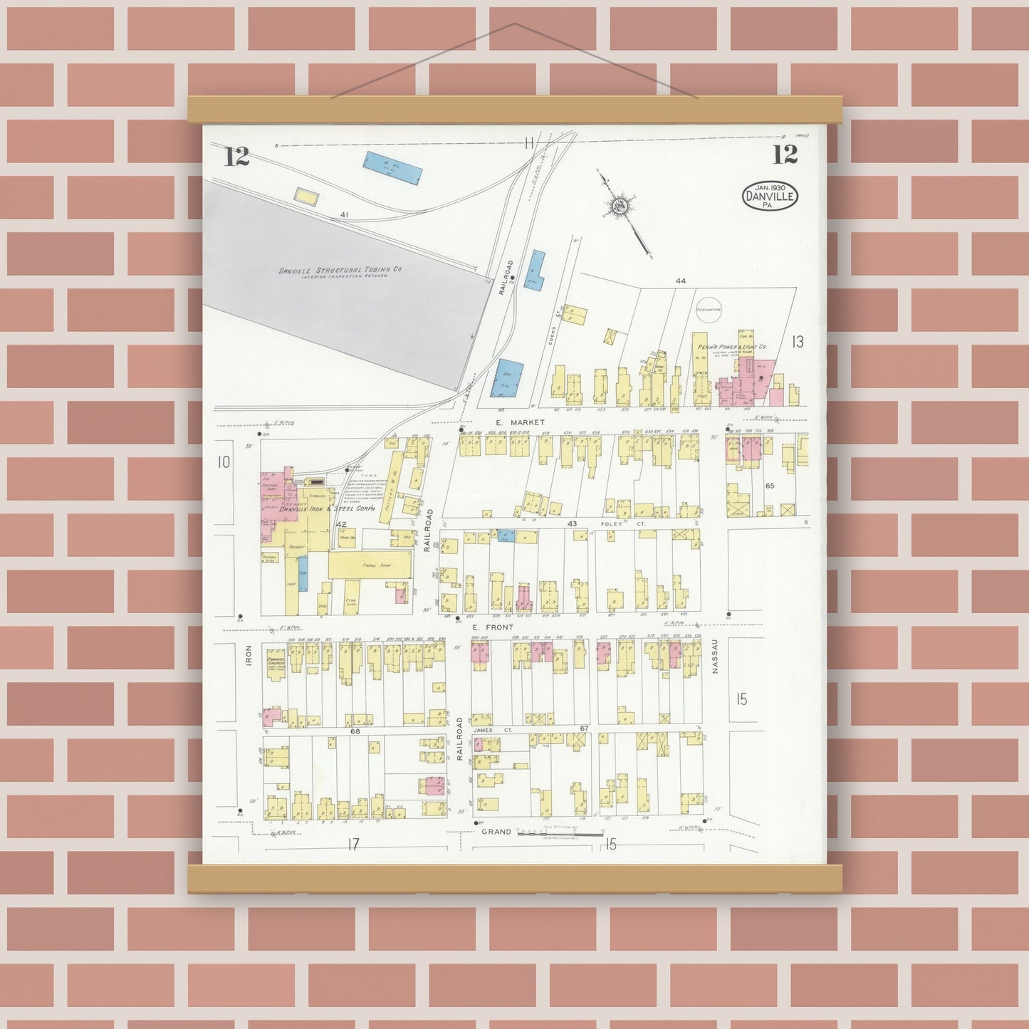 Old map wall art mockup — magnetic wood frame on brick wall — Sanborn Fire Insurance Map from Danville, Montour County, Pennsylvania (1930), Sheet #0012