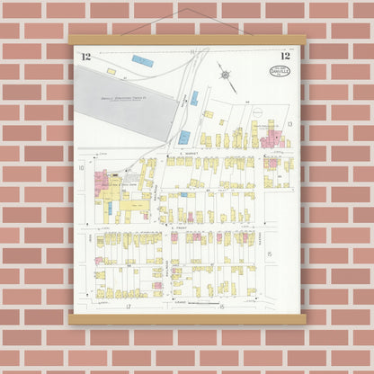 Old map wall art mockup — magnetic wood frame on brick wall — Sanborn Fire Insurance Map from Danville, Montour County, Pennsylvania (1930), Sheet #0012
