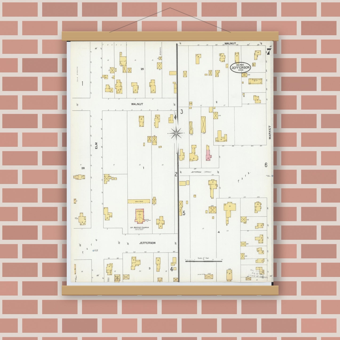 Old map wall art mockup — magnetic wood frame on brick wall — Sanborn Fire Insurance Map from Jefferson, Ashtabula County, Ohio (1902), Sheet #0007