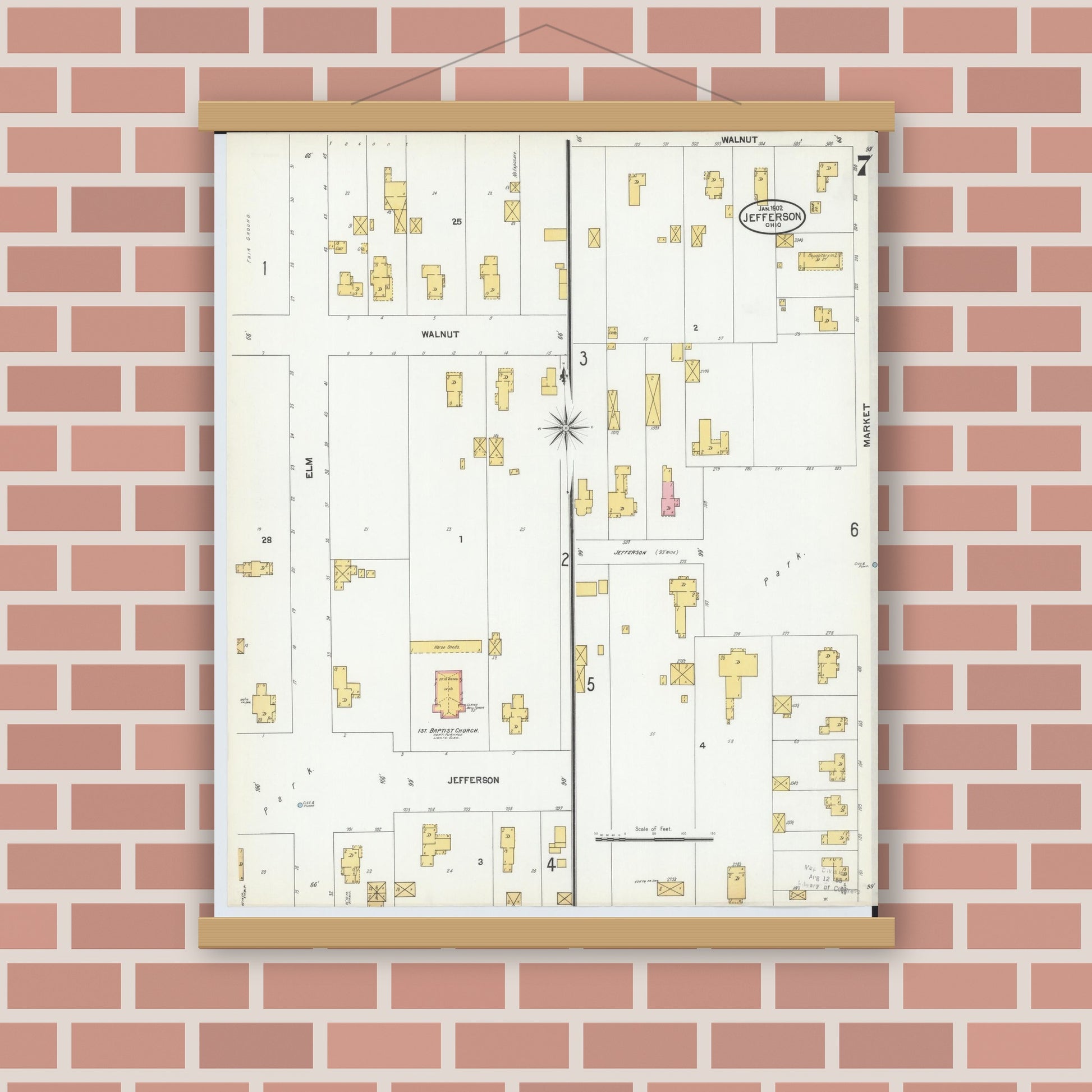 Old map wall art mockup — magnetic wood frame on brick wall — Sanborn Fire Insurance Map from Jefferson, Ashtabula County, Ohio (1902), Sheet #0007