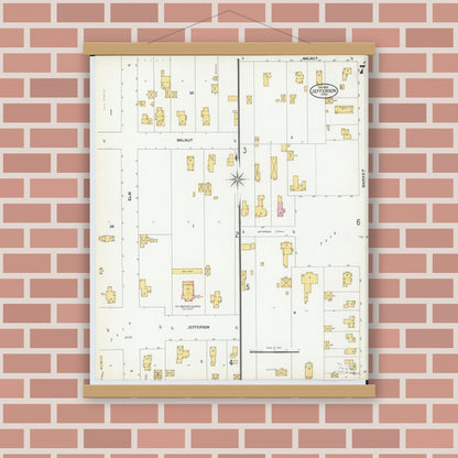 Old map wall art mockup — magnetic wood frame on brick wall — Sanborn Fire Insurance Map from Jefferson, Ashtabula County, Ohio (1902), Sheet #0007