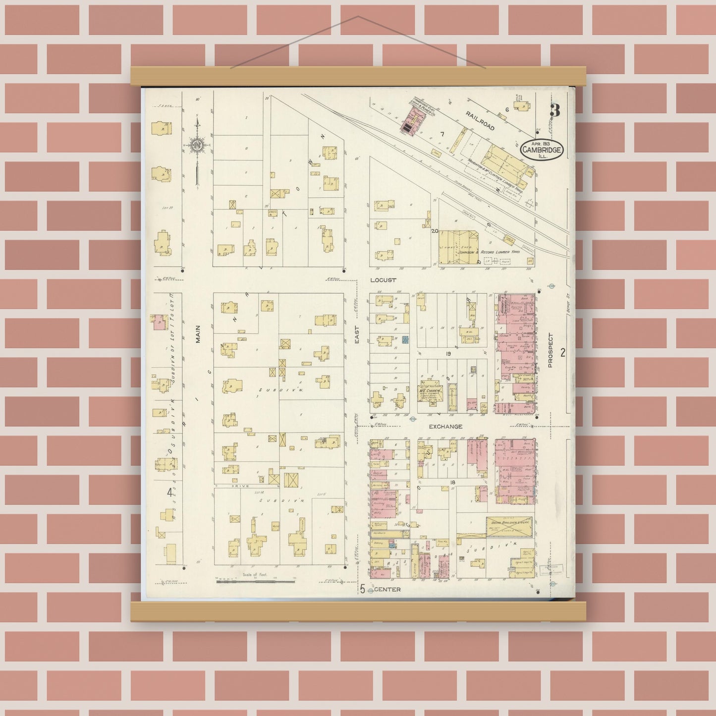 Old map wall art mockup — magnetic wood frame on brick wall — Sanborn Fire Insurance Map from Cambridge, Henry County, Illinois (1913), Sheet #0003