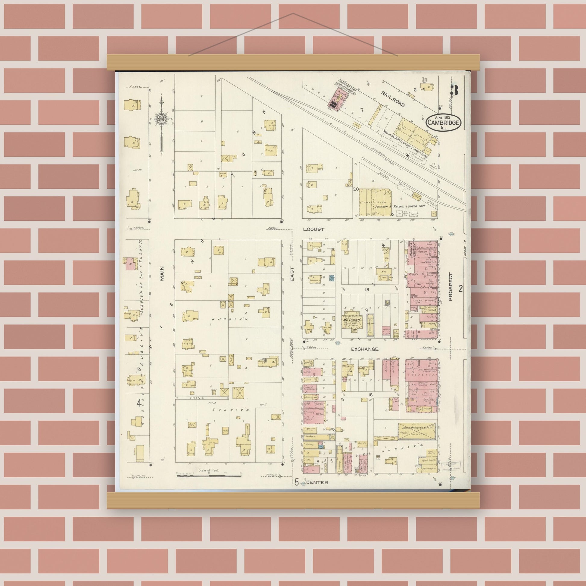 Old map wall art mockup — magnetic wood frame on brick wall — Sanborn Fire Insurance Map from Cambridge, Henry County, Illinois (1913), Sheet #0003