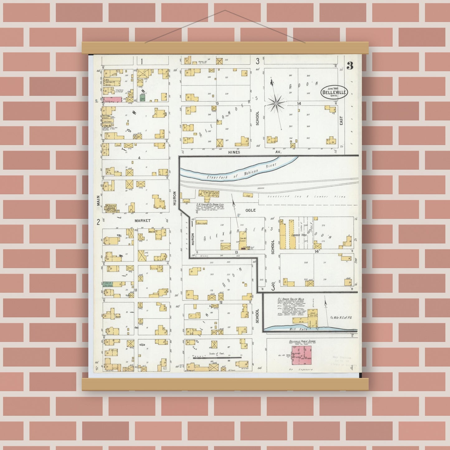 Old map wall art mockup — magnetic wood frame on brick wall — Sanborn Fire Insurance Map from Bellville, Richland County, Ohio (1900), Sheet #0003