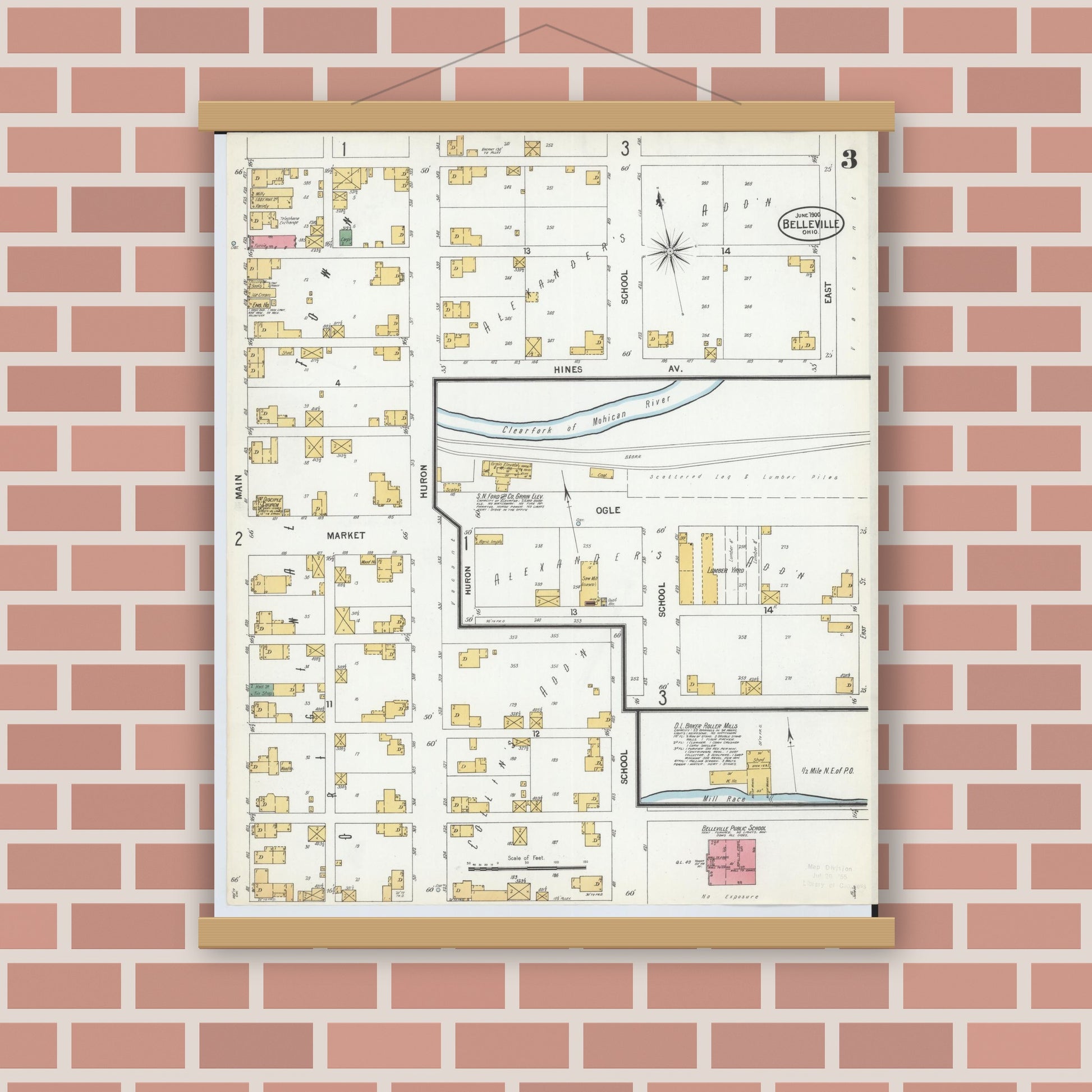 Old map wall art mockup — magnetic wood frame on brick wall — Sanborn Fire Insurance Map from Bellville, Richland County, Ohio (1900), Sheet #0003