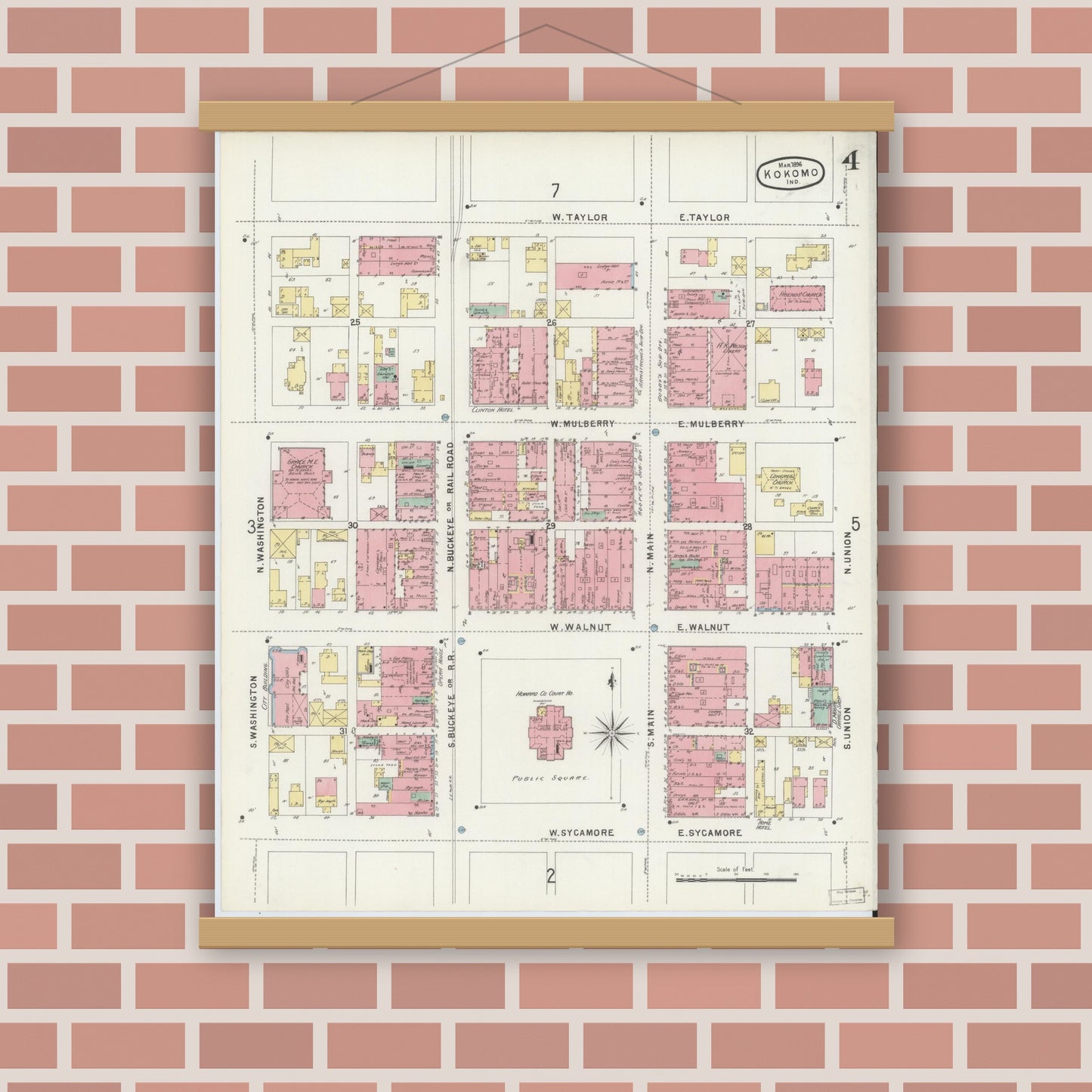 Old map wall art mockup — magnetic wood frame on brick wall — Sanborn Fire Insurance Map from Kokomo, Howard County, Indiana (1896), Sheet #0004
