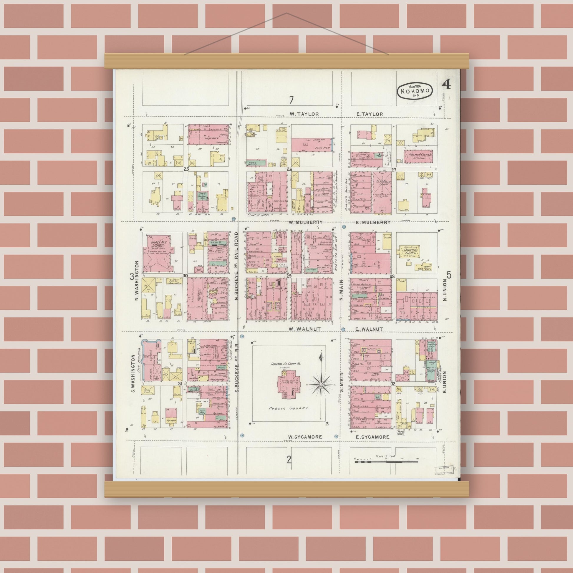 Old map wall art mockup — magnetic wood frame on brick wall — Sanborn Fire Insurance Map from Kokomo, Howard County, Indiana (1896), Sheet #0004