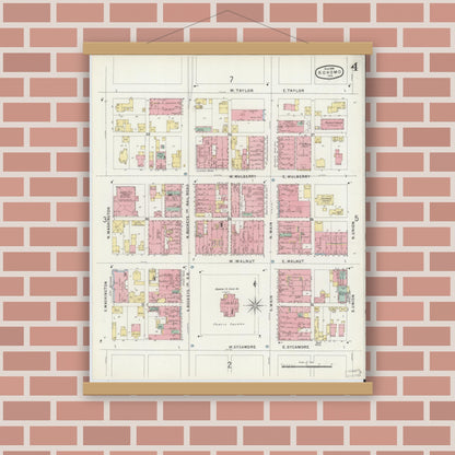 Old map wall art mockup — magnetic wood frame on brick wall — Sanborn Fire Insurance Map from Kokomo, Howard County, Indiana (1896), Sheet #0004