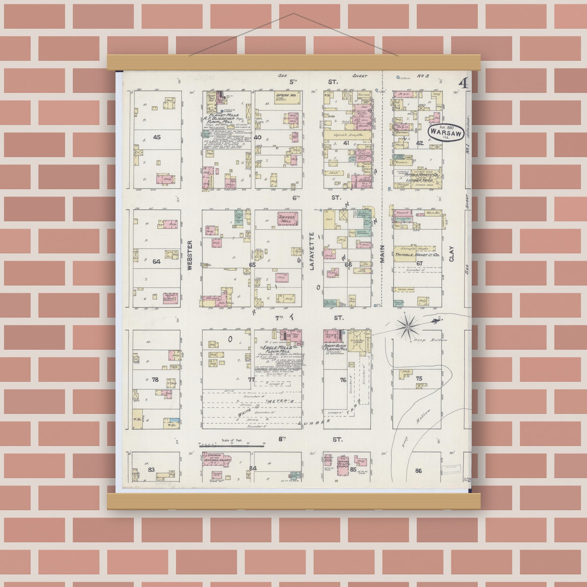 Old map wall art mockup — magnetic wood frame on brick wall — Sanborn Fire Insurance Map from Warsaw, Hancock County, Illinois (1890), Sheet #0004