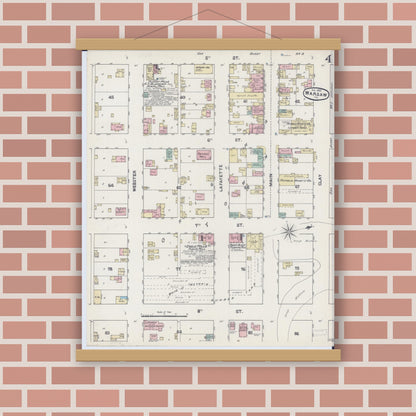 Old map wall art mockup — magnetic wood frame on brick wall — Sanborn Fire Insurance Map from Warsaw, Hancock County, Illinois (1890), Sheet #0004