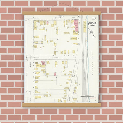 Old map wall art mockup — magnetic wood frame on brick wall — Sanborn Fire Insurance Map from Charlotte, Monroe County, New York (1912), Sheet #0010