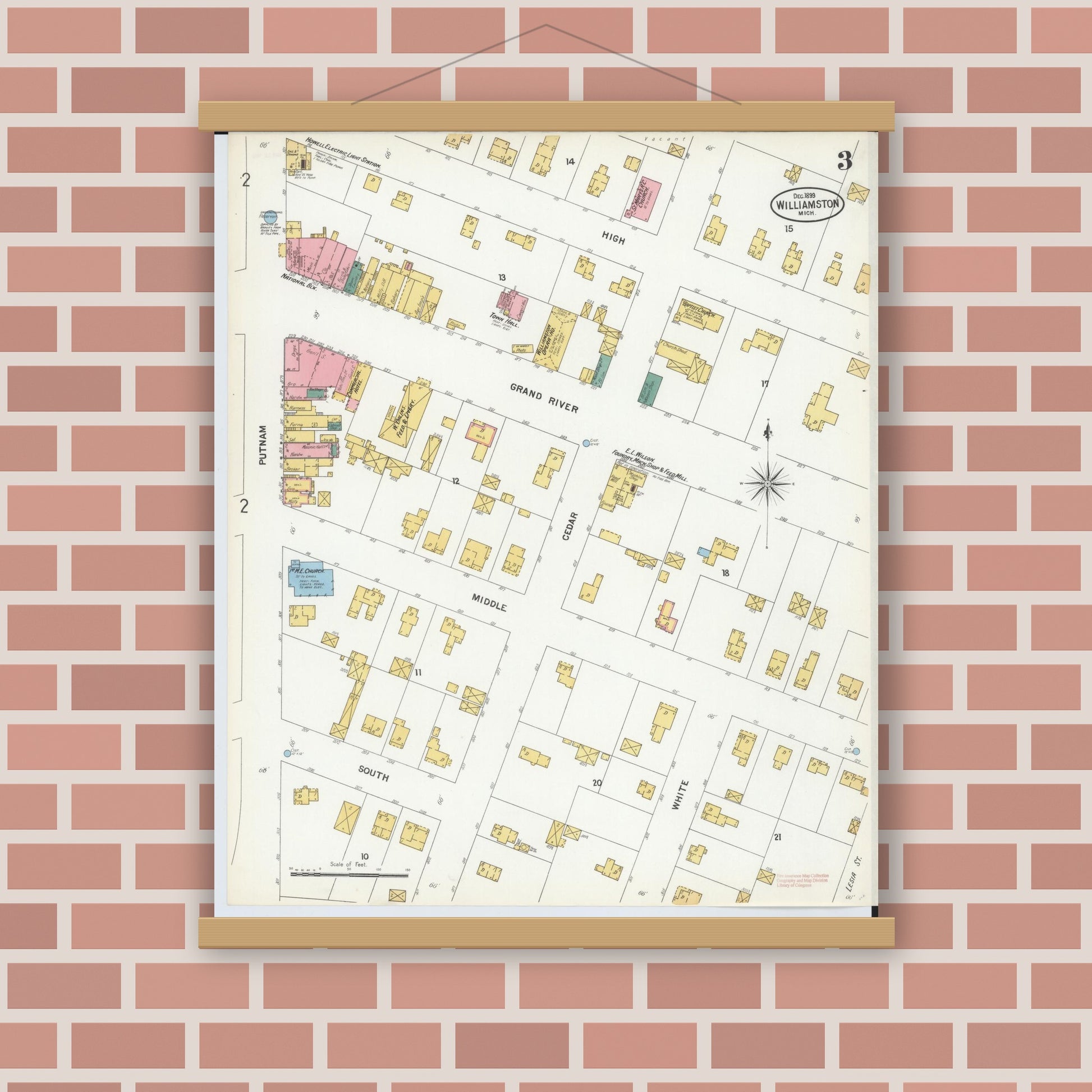 Old map wall art mockup — magnetic wood frame on brick wall — Sanborn Fire Insurance Map from Williamston, Ingham County, Michigan (1899), Sheet #0003