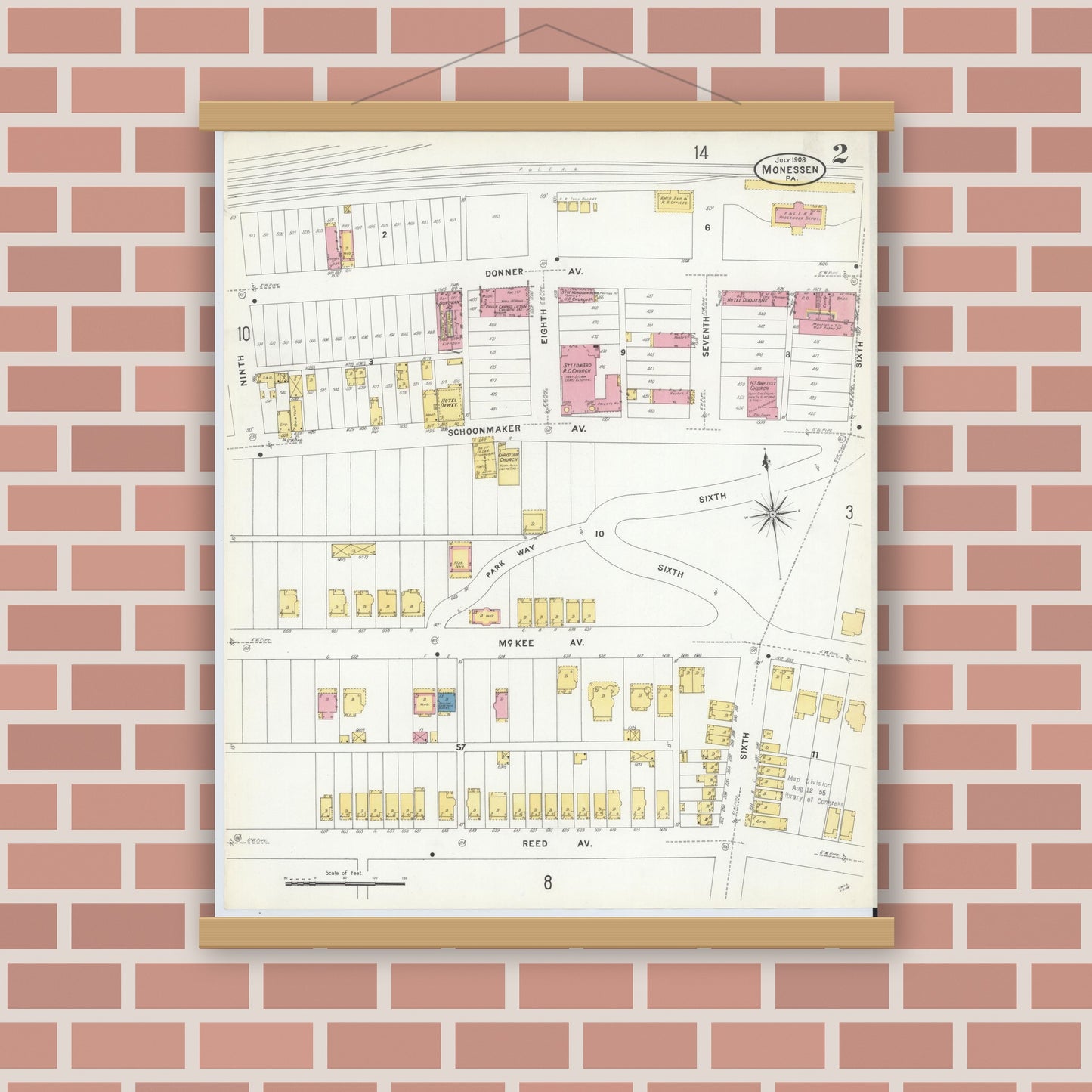 Old map wall art mockup — magnetic wood frame on brick wall — Sanborn Fire Insurance Map from Monessen, Westmoreland County, Pennsylvania (1908), Sheet #0002