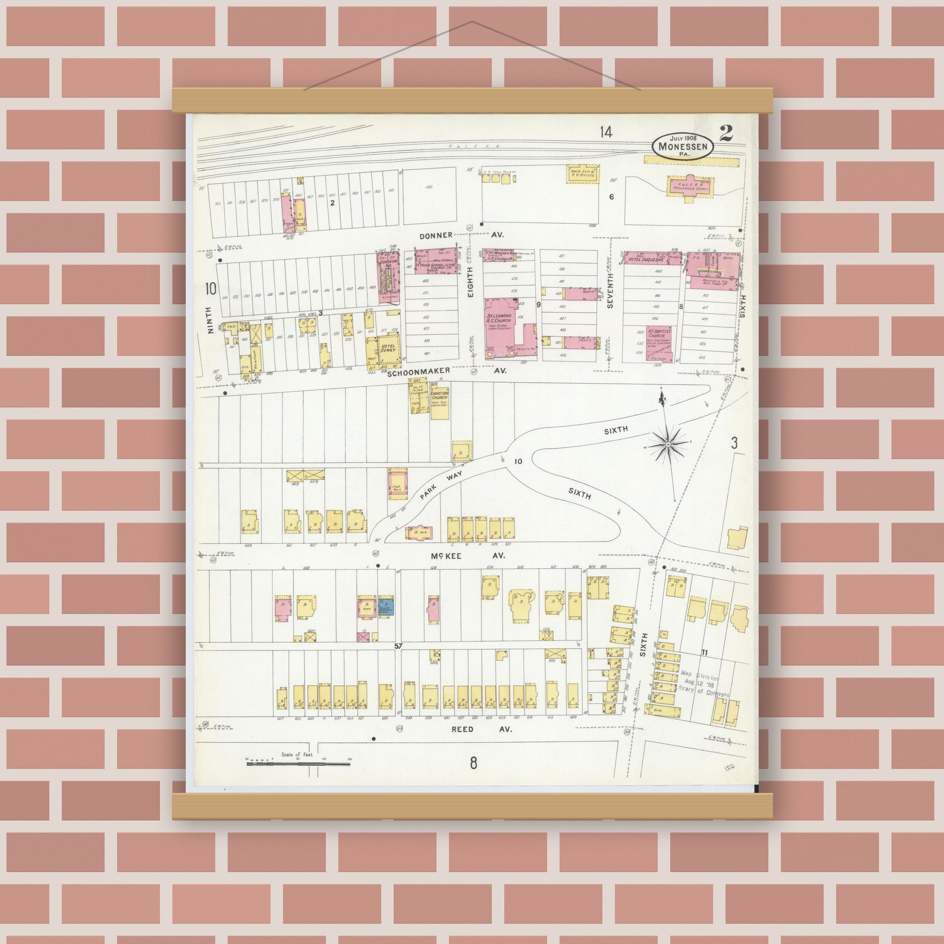 Old map wall art mockup — magnetic wood frame on brick wall — Sanborn Fire Insurance Map from Monessen, Westmoreland County, Pennsylvania (1908), Sheet #0002