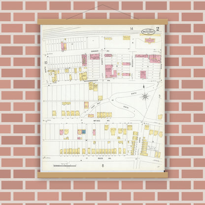 Old map wall art mockup — magnetic wood frame on brick wall — Sanborn Fire Insurance Map from Monessen, Westmoreland County, Pennsylvania (1908), Sheet #0002