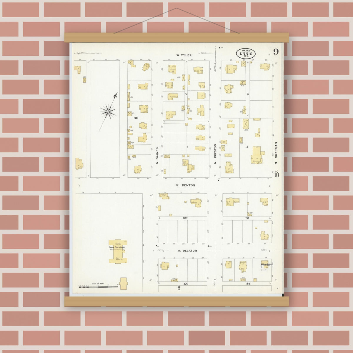 Old map wall art mockup — magnetic wood frame on brick wall — Sanborn Fire Insurance Map from Ennis, Ellis County, Texas (1909), Sheet #0009