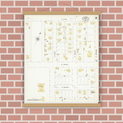Old map wall art mockup — magnetic wood frame on brick wall — Sanborn Fire Insurance Map from Ennis, Ellis County, Texas (1909), Sheet #0009