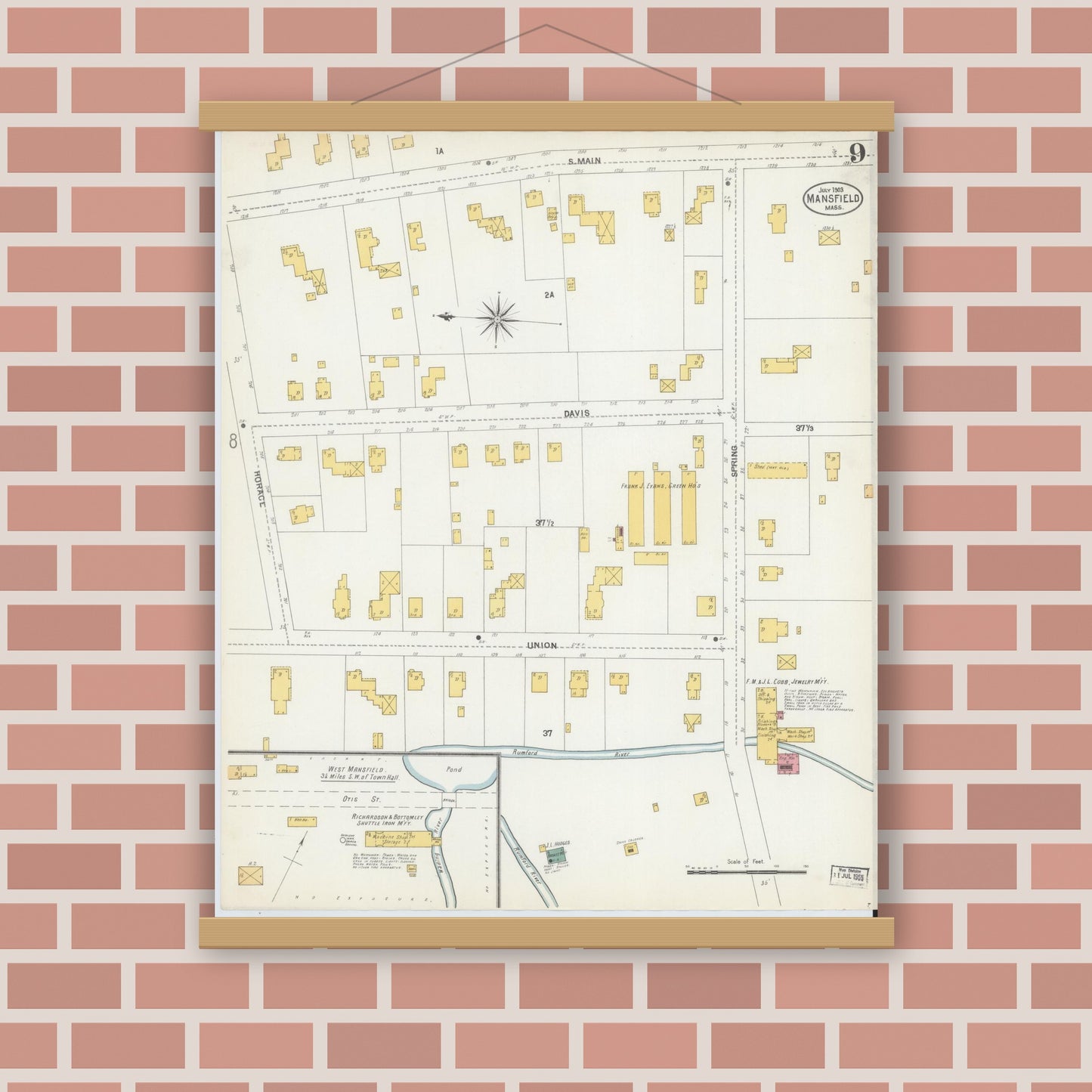 Old map wall art mockup — magnetic wood frame on brick wall — Sanborn Fire Insurance Map from Mansfield, Bristol County, Massachusetts (1903), Sheet #0009