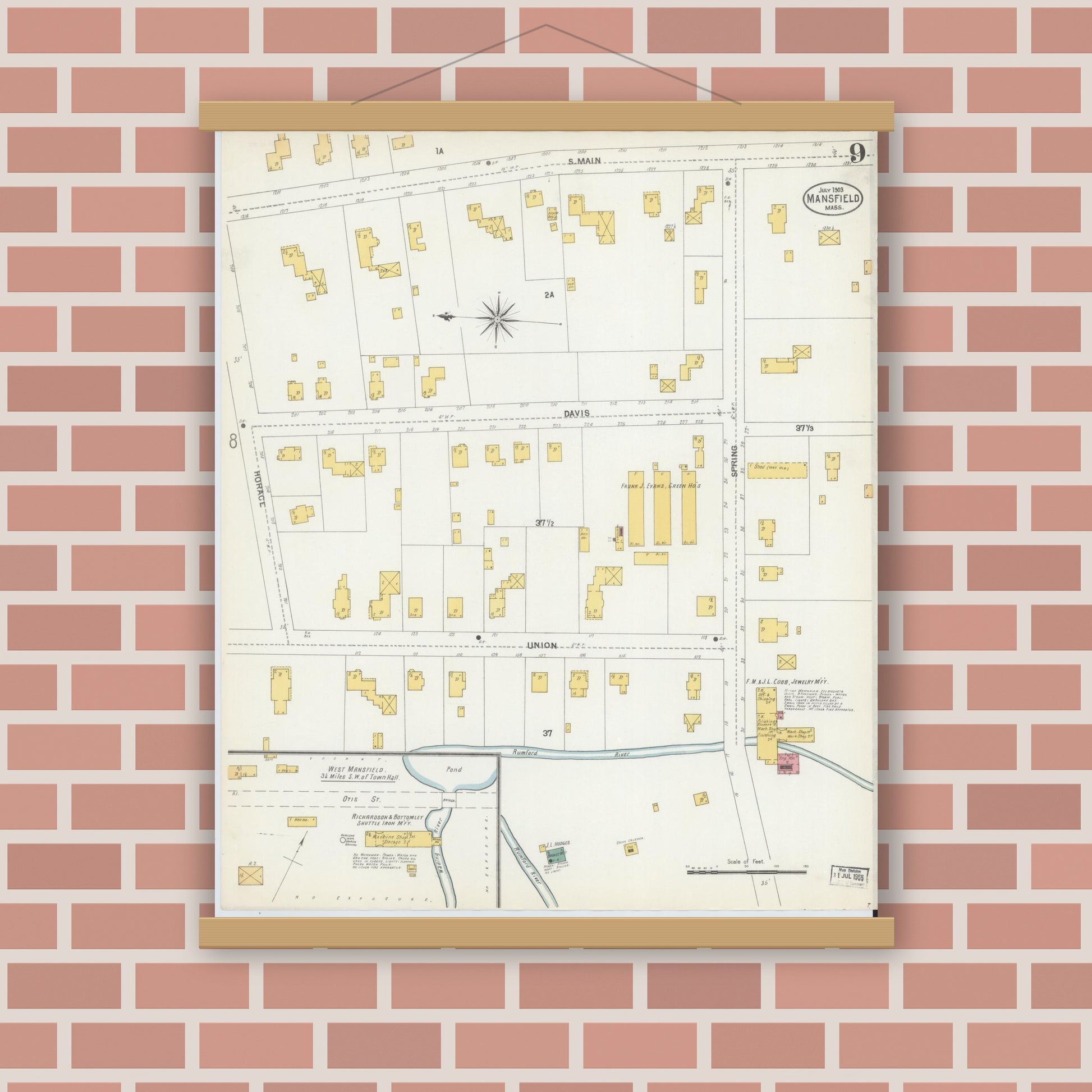 Old map wall art mockup — magnetic wood frame on brick wall — Sanborn Fire Insurance Map from Mansfield, Bristol County, Massachusetts (1903), Sheet #0009