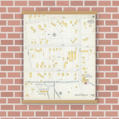 Old map wall art mockup — magnetic wood frame on brick wall — Sanborn Fire Insurance Map from Mansfield, Bristol County, Massachusetts (1903), Sheet #0009