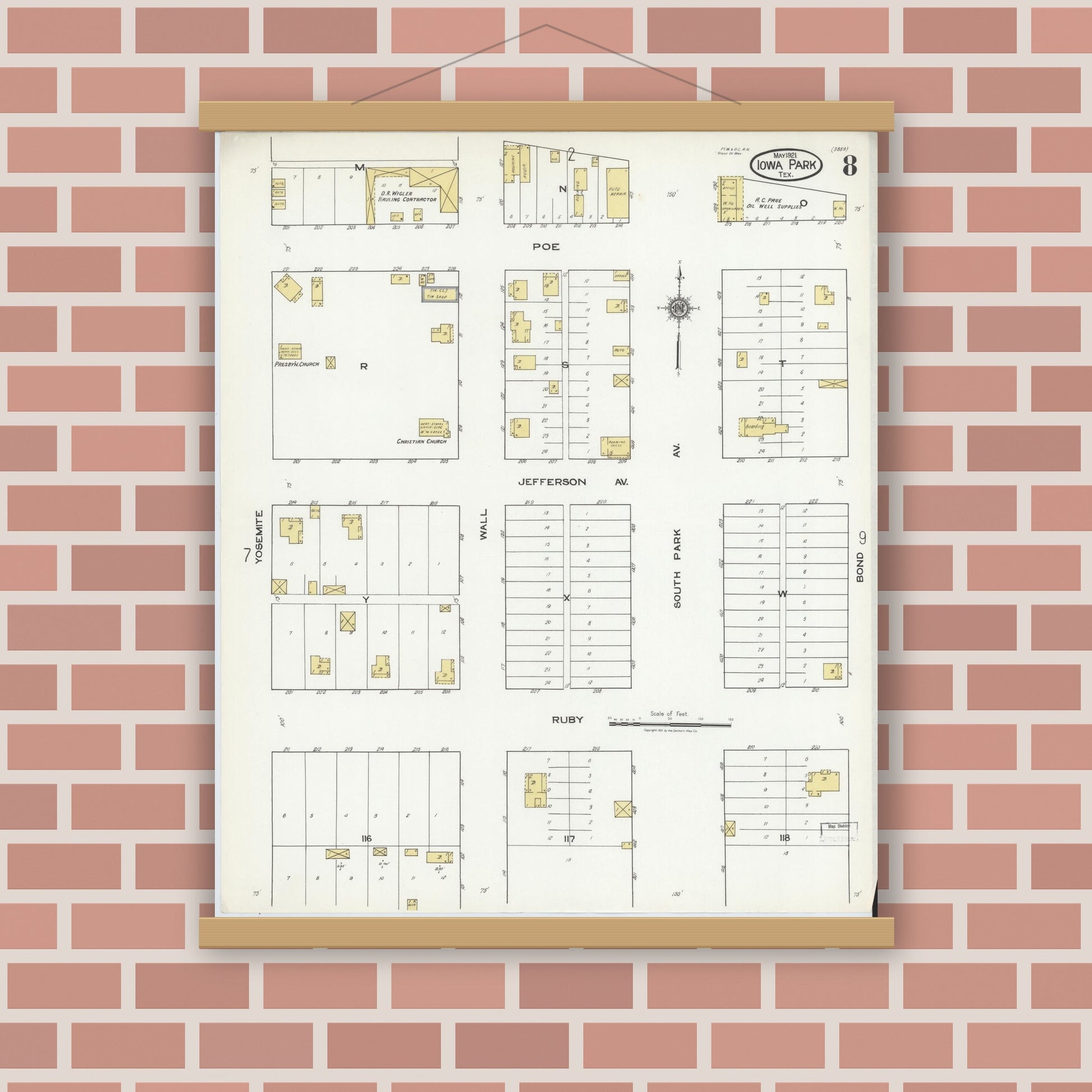 Old map wall art mockup — magnetic wood frame on brick wall — Sanborn Fire Insurance Map from Iowa Park, Wichita County, Texas (1921), Sheet #0008
