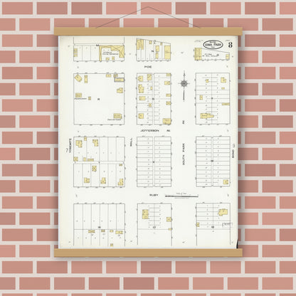 Old map wall art mockup — magnetic wood frame on brick wall — Sanborn Fire Insurance Map from Iowa Park, Wichita County, Texas (1921), Sheet #0008