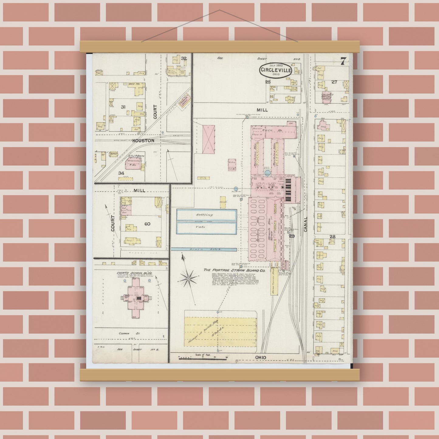 Old map wall art mockup — magnetic wood frame on brick wall — Sanborn Fire Insurance Map from Circleville, Pickaway County, Ohio (1889), Sheet #0007