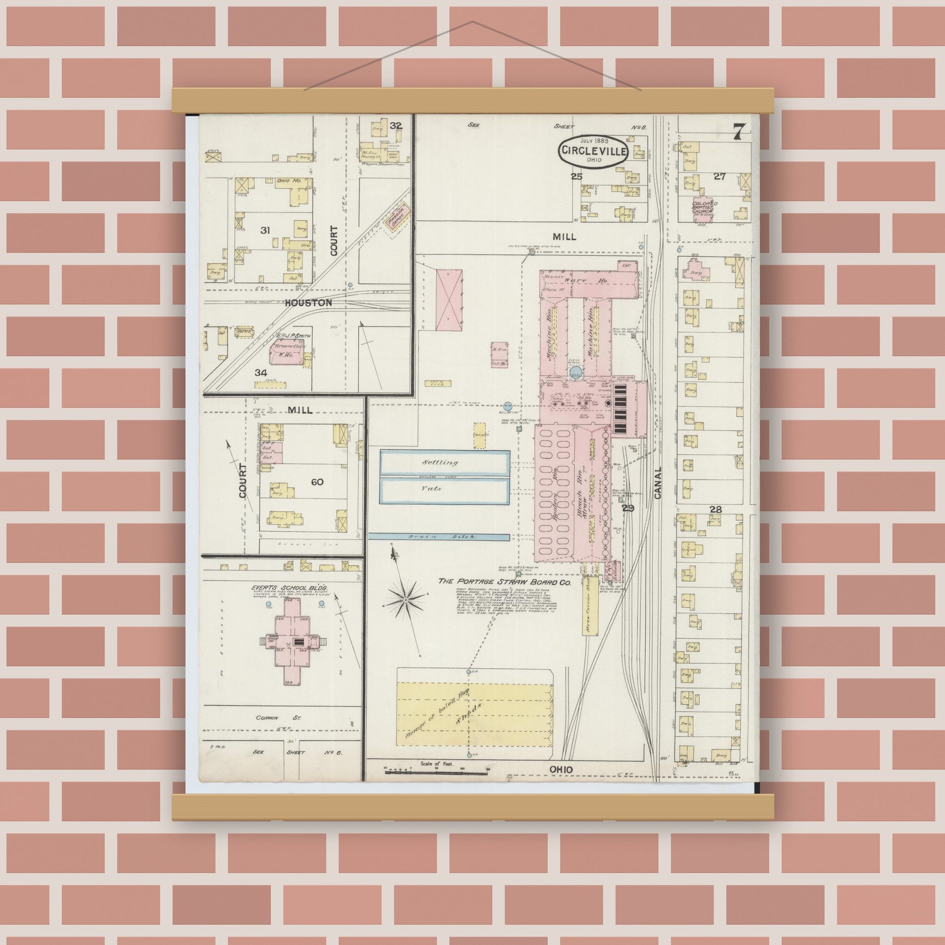 Old map wall art mockup — magnetic wood frame on brick wall — Sanborn Fire Insurance Map from Circleville, Pickaway County, Ohio (1889), Sheet #0007
