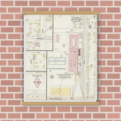 Old map wall art mockup — magnetic wood frame on brick wall — Sanborn Fire Insurance Map from Circleville, Pickaway County, Ohio (1889), Sheet #0007