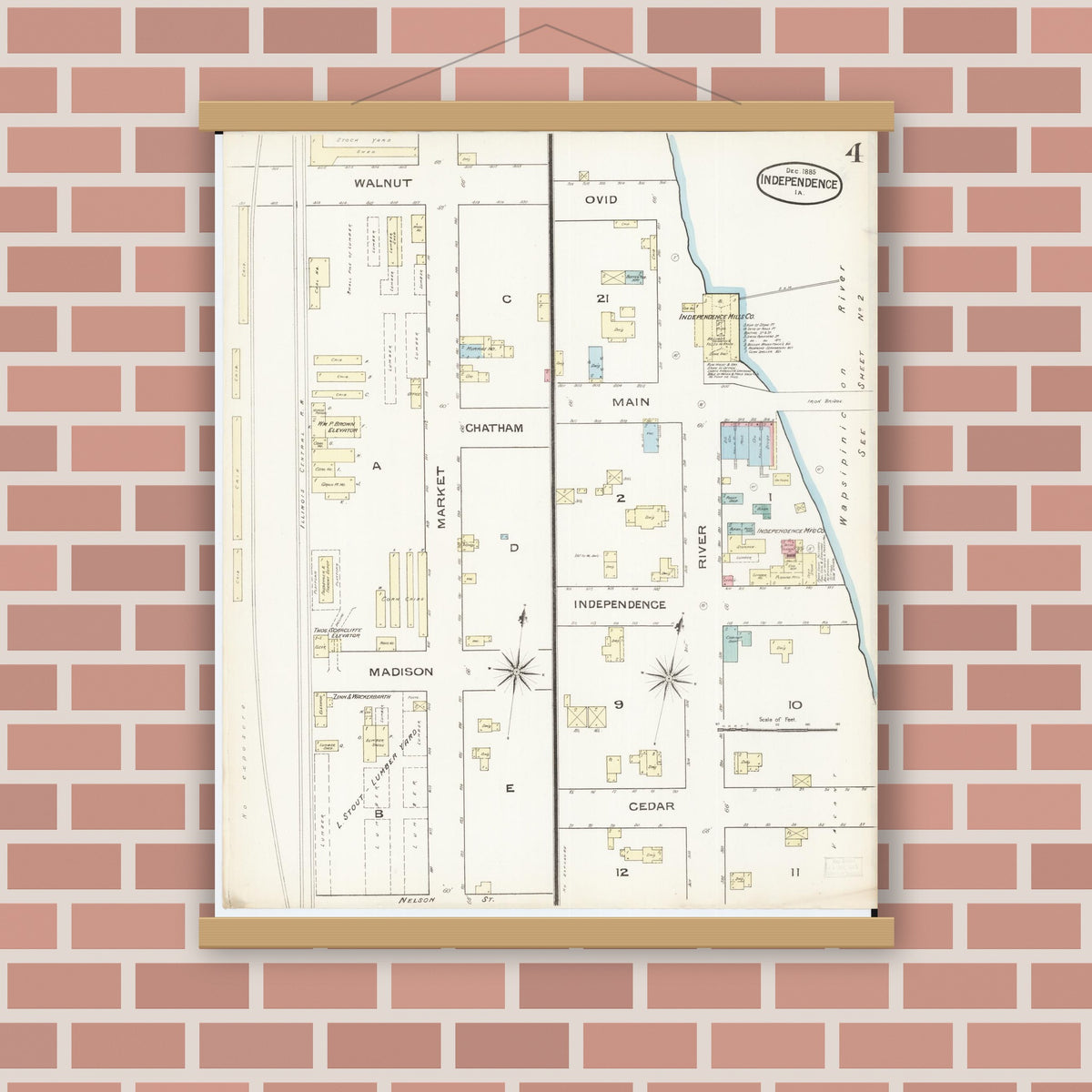 Old map wall art mockup — magnetic wood frame on brick wall — Sanborn Fire Insurance Map from Independence, Buchanan County, Iowa (1885), Sheet #0004