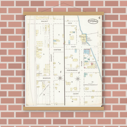 Old map wall art mockup — magnetic wood frame on brick wall — Sanborn Fire Insurance Map from Independence, Buchanan County, Iowa (1885), Sheet #0004