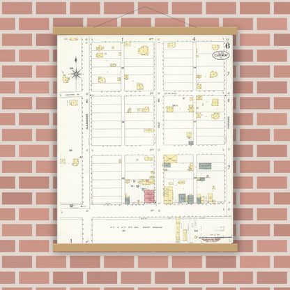 Old map wall art mockup — magnetic wood frame on brick wall — Sanborn Fire Insurance Map from Claremont, Los Angeles County, California (1909), Sheet #0006