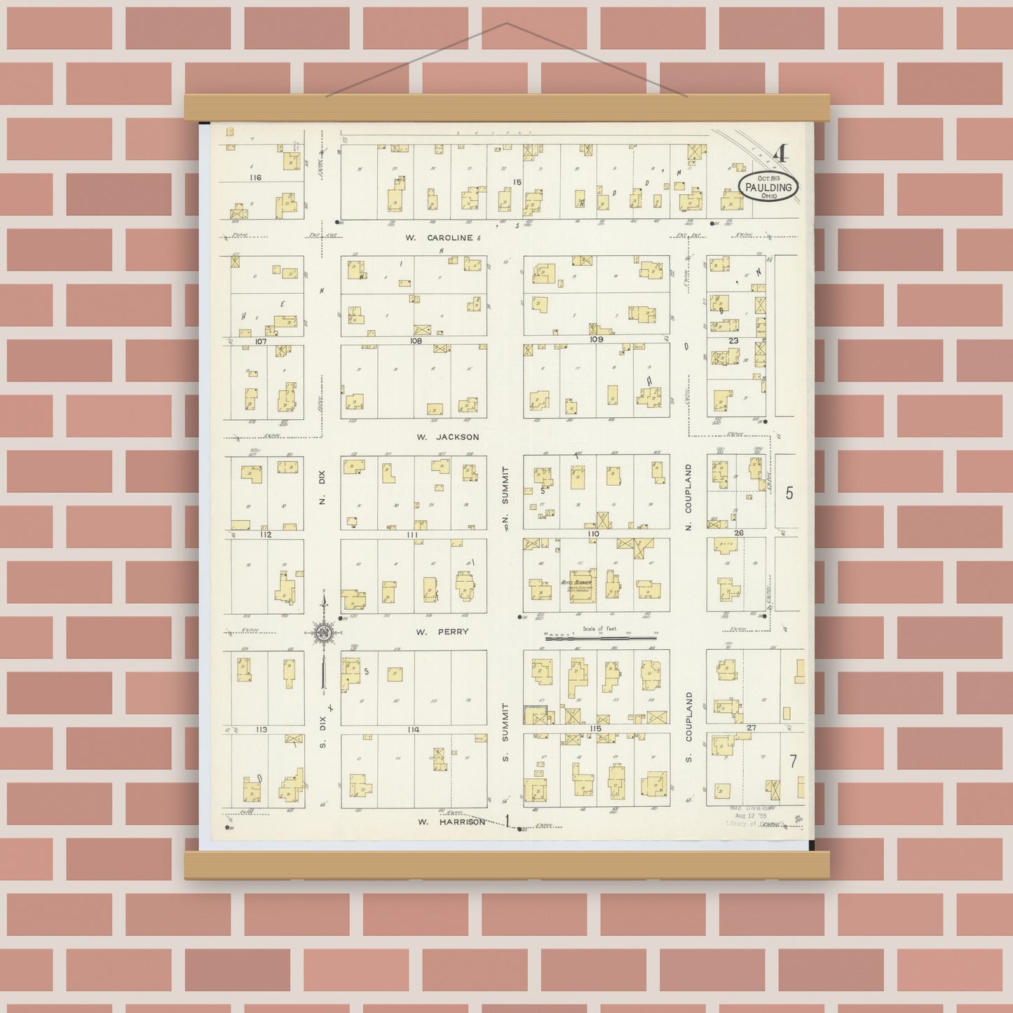 Old map wall art mockup — magnetic wood frame on brick wall — Sanborn Fire Insurance Map from Paulding, Paulding County, Ohio (1913), Sheet #0004