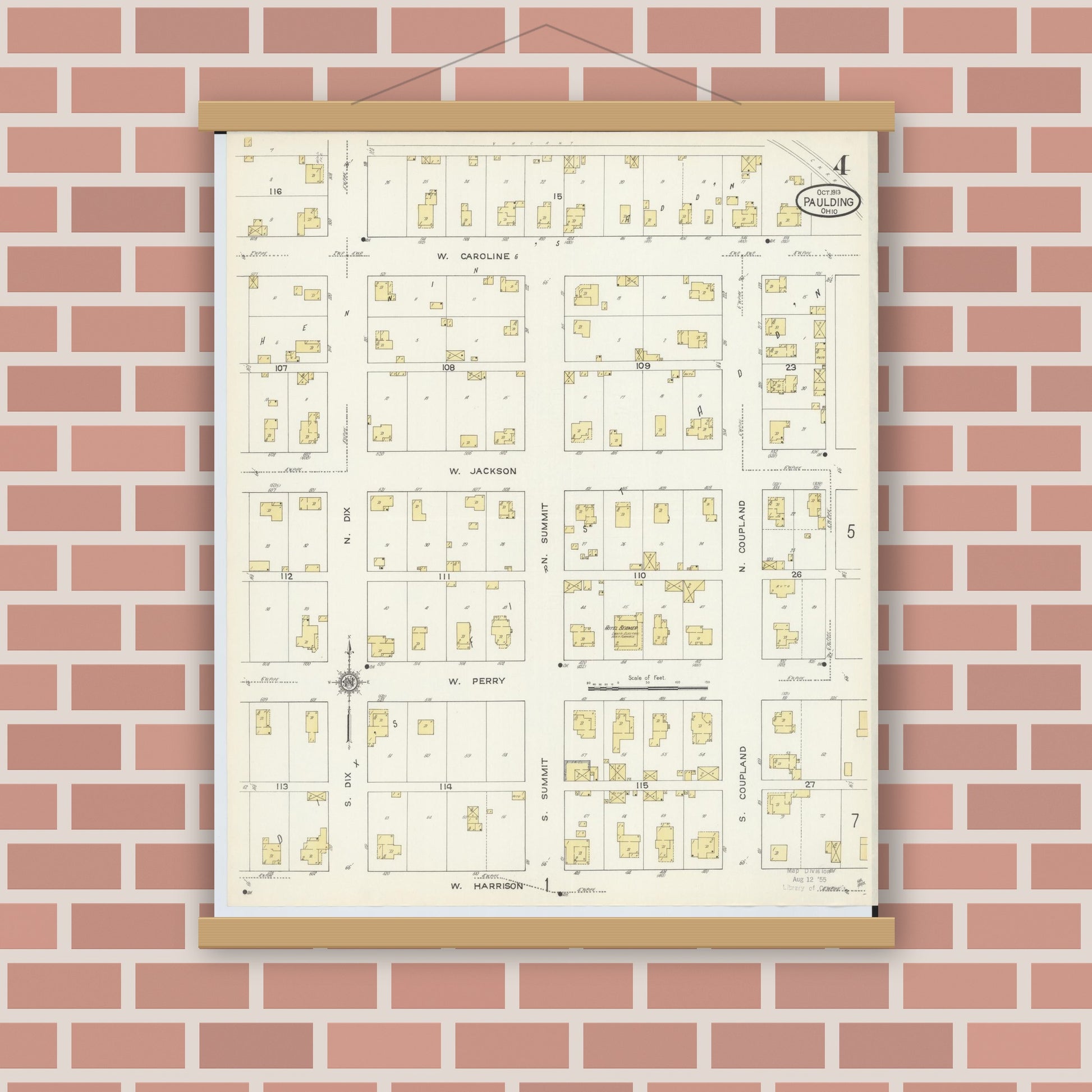 Old map wall art mockup — magnetic wood frame on brick wall — Sanborn Fire Insurance Map from Paulding, Paulding County, Ohio (1913), Sheet #0004
