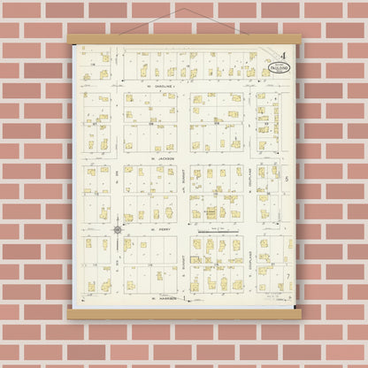 Old map wall art mockup — magnetic wood frame on brick wall — Sanborn Fire Insurance Map from Paulding, Paulding County, Ohio (1913), Sheet #0004