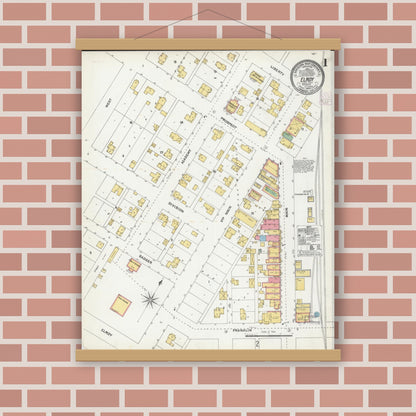 Old map wall art mockup — magnetic wood frame on brick wall — Sanborn Fire Insurance Map from Elroy, Juneau County, Wisconsin (1904), Sheet #0001