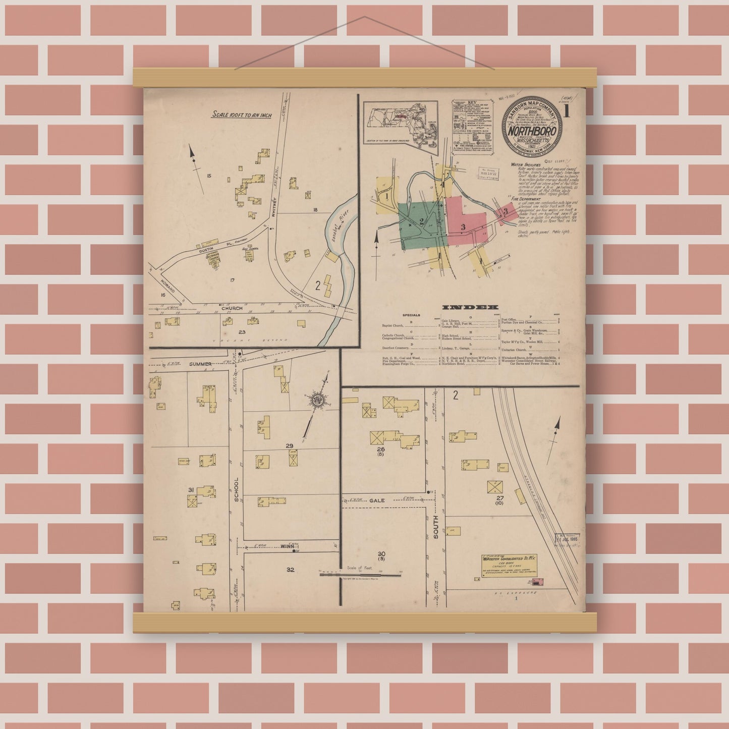 Old map wall art mockup — magnetic wood frame on brick wall — Sanborn Fire Insurance Map from Northboro, Worcester County, Massachusetts (1921) - Complete Map Set